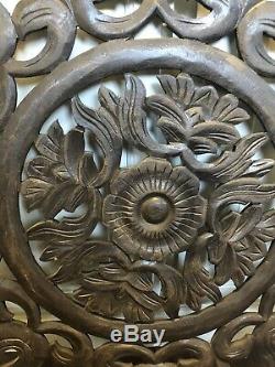 Large Round Wood Carved Floral Wall Art.Tropical Home Decor Wood Wall Panels.24"