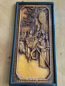 1 of 2 antique/vintage Chinese high detail hand carved wood panel wall hanging
