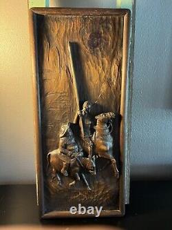 11 X 24 Vintage Carved Don Quixote & Sancho Panza Wood Panel Frieze Spain