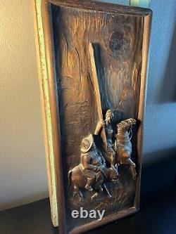 11 X 24 Vintage Carved Don Quixote & Sancho Panza Wood Panel Frieze Spain