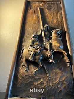 11 X 24 Vintage Carved Don Quixote & Sancho Panza Wood Panel Frieze Spain