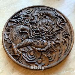 12 1/4 Asian Chinese Dragon Carved Wood Wall Art Feng Shui Decor Plaque Panel