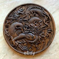 12 1/4 Asian Chinese Dragon Carved Wood Wall Art Feng Shui Decor Plaque Panel