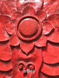 15 Vintage Antique Chinese Red Lacquered Carved Wood Square Floral Panel 4.5lb