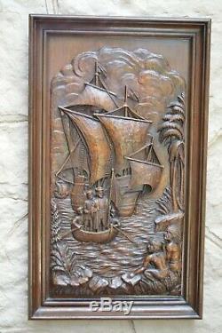 15x26 VTG Hand Carved Wood Wall Panel Plaque Columbus Landing in America Indians