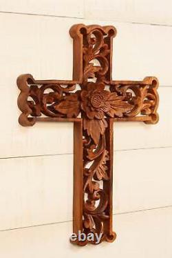 16 Wooden Hand Carved Flower Cross Wall Plaque Relief Panel Hanging Sculpture