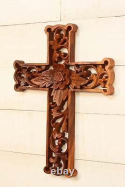 16 Wooden Hand Carved Flower Cross Wall Plaque Relief Panel Hanging Sculpture