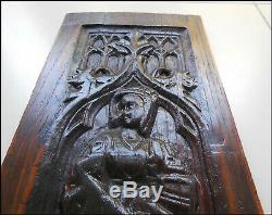16th CENTURY CARVED OAK PANEL Woman holding a church, Gothic Medieval carving