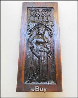 16th CENTURY CARVED OAK PANEL Woman holding a church, Gothic Medieval carving