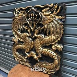 17-inch Gold-Colored Pair of Dragons Teak Wood Carving Wall Panel Art Handcraft
