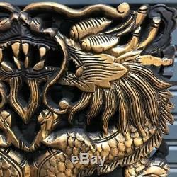 17-inch Gold-Colored Pair of Dragons Teak Wood Carving Wall Panel Art Handcraft