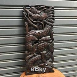 17-inch Teak Wood Carving Wall Panel Dragon Art Handcraft Wall Sculpture