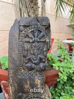 17'th c Ancient Wood Hand Carved Ganesha Chakra Lion Figure Temple Wall Panel