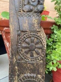 17'th c Ancient Wood Hand Carved Ganesha Chakra Lion Figure Temple Wall Panel