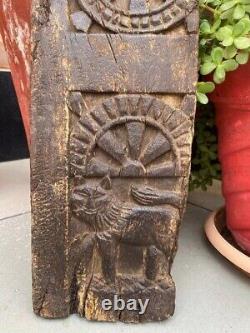 17'th c Ancient Wood Hand Carved Ganesha Chakra Lion Figure Temple Wall Panel