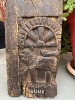 17'th c Ancient Wood Hand Carved Ganesha Chakra Lion Figure Temple Wall Panel