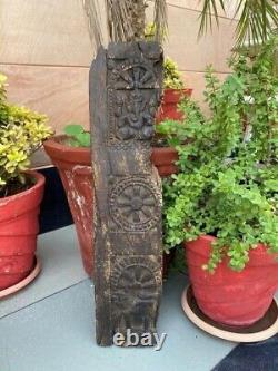 17'th c Ancient Wood Hand Carved Ganesha Chakra Lion Figure Temple Wall Panel