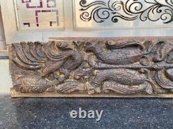 1700 Antique Old Wood Hand Fine Carved Fish Peacock Wall Hang Panel Door Panel