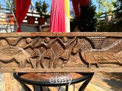 1700' Old Ancient Wood Hand Carved Tribal Man Elephant Horse Figure Wall Panel