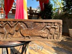 1700' Old Ancient Wood Hand Carved Tribal Man Elephant Horse Figure Wall Panel