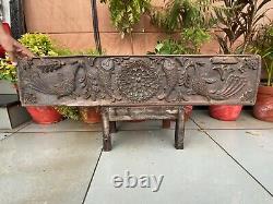 1700's Ancient Wood Fine Carved Fish Peacock Figure Mughal Rare Wall Panel Old