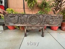 1700's Ancient Wood Fine Carved Fish Peacock Figure Mughal Rare Wall Panel Old