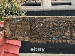 1700's Ancient Wood Fine Carved Floral Mughsl Blue Painted Door Wall Panel Rare