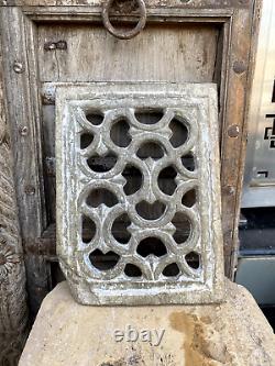 1700's Ancient Wood Hand Carved Green Stone Jali Cut Fine Window Panel Jali