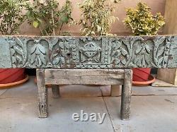 1700's Antique Wooden Hand Carved Kalash Green Painted Mughal 53 Door Panel