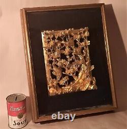 1700s-1800s chinese temple gold gilt wood carved door panel vtg bird flower art