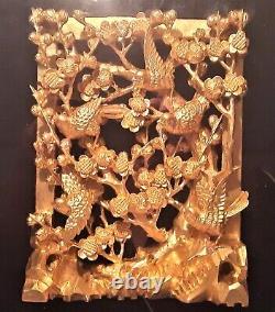 1700s-1800s chinese temple gold gilt wood carved door panel vtg bird flower art