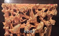 1700s-1800s chinese temple gold gilt wood carved door panel vtg bird flower art