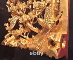 1700s-1800s chinese temple gold gilt wood carved door panel vtg bird flower art