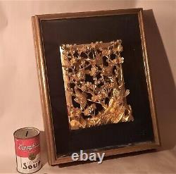 1700s-1800s chinese temple gold gilt wood carved door panel vtg bird flower art