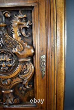 17th Antique French Hand Carved Wood Door Wall Panel with Griffin Chimera Lion