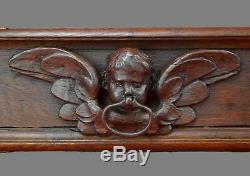 17th. C French Carved Wood Pediment Panel Drawer Pull Front Angel Wrought Iron