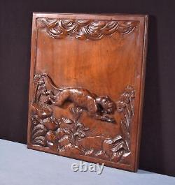 18 Tall Antique French Solid Walnut Wood Panel Highly Carved With Leopard