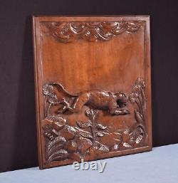 18 Tall Antique French Solid Walnut Wood Panel Highly Carved With Leopard