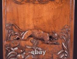 18 Tall Antique French Solid Walnut Wood Panel Highly Carved With Leopard