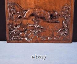 18 Tall Antique French Solid Walnut Wood Panel Highly Carved With Leopard