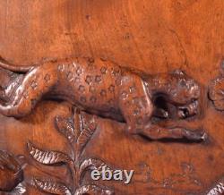 18 Tall Antique French Solid Walnut Wood Panel Highly Carved With Leopard