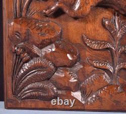 18 Tall Antique French Solid Walnut Wood Panel Highly Carved With Leopard