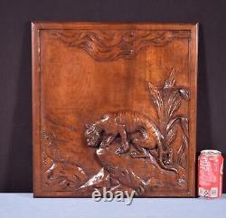 18 Tall Antique French Solid Walnut Wood Panel Highly Carved With Tiger