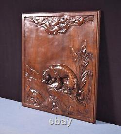 18 Tall Antique French Solid Walnut Wood Panel Highly Carved With Tiger