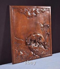 18 Tall Antique French Solid Walnut Wood Panel Highly Carved With Tiger