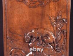 18 Tall Antique French Solid Walnut Wood Panel Highly Carved With Tiger