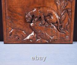 18 Tall Antique French Solid Walnut Wood Panel Highly Carved With Tiger