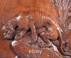 18 Tall Antique French Solid Walnut Wood Panel Highly Carved With Tiger