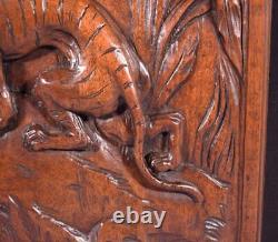 18 Tall Antique French Solid Walnut Wood Panel Highly Carved With Tiger