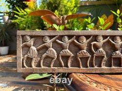 1800 Ancient Hand Carved Wooden Tribal Figure Dancing Wall Panel 23 x5'